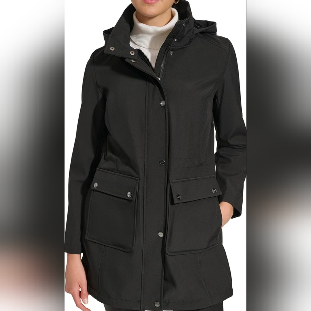 Melanie Lyne Black Shell Coat With Hood Women's XS Can Fit S to Medium